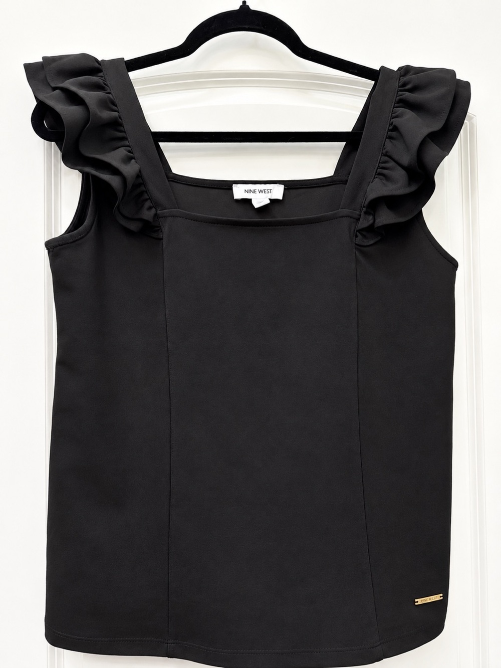 Nine West Black Ruffle Shoulder Square Neck Top Size Medium